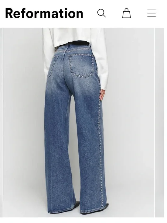 Reformation Studded High-Rise Wide Leg Jeans in Light Blue Denim - Picture 4 of 6